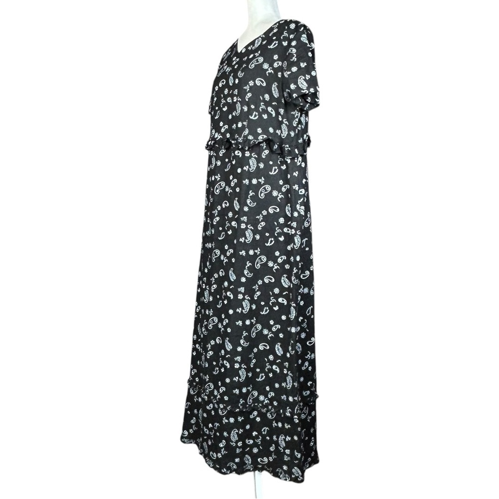Y2K MATCH Linen Paisley Midi Dress 12 Vintage Black White Ruffle USA - Picture 2 of 10